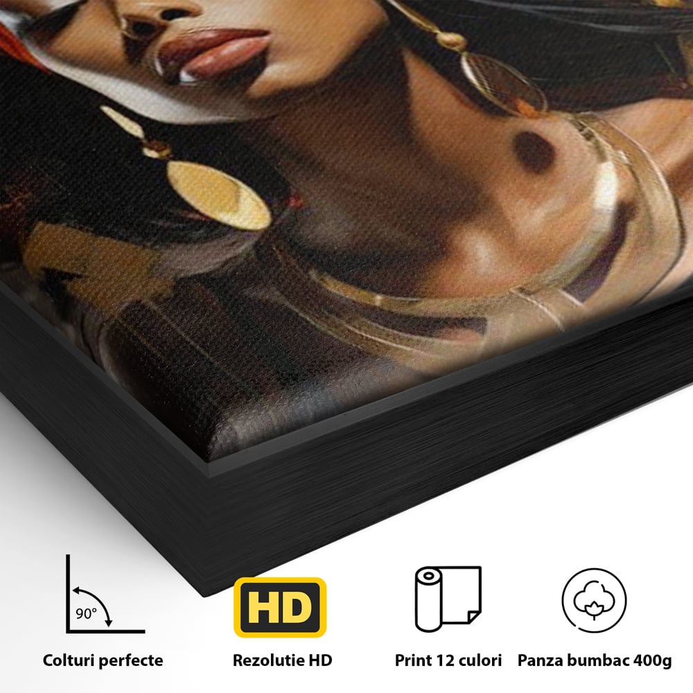 Detaliu al suprafetei: tablou canvas cu femeie si turban, in rama de aluminiu negru